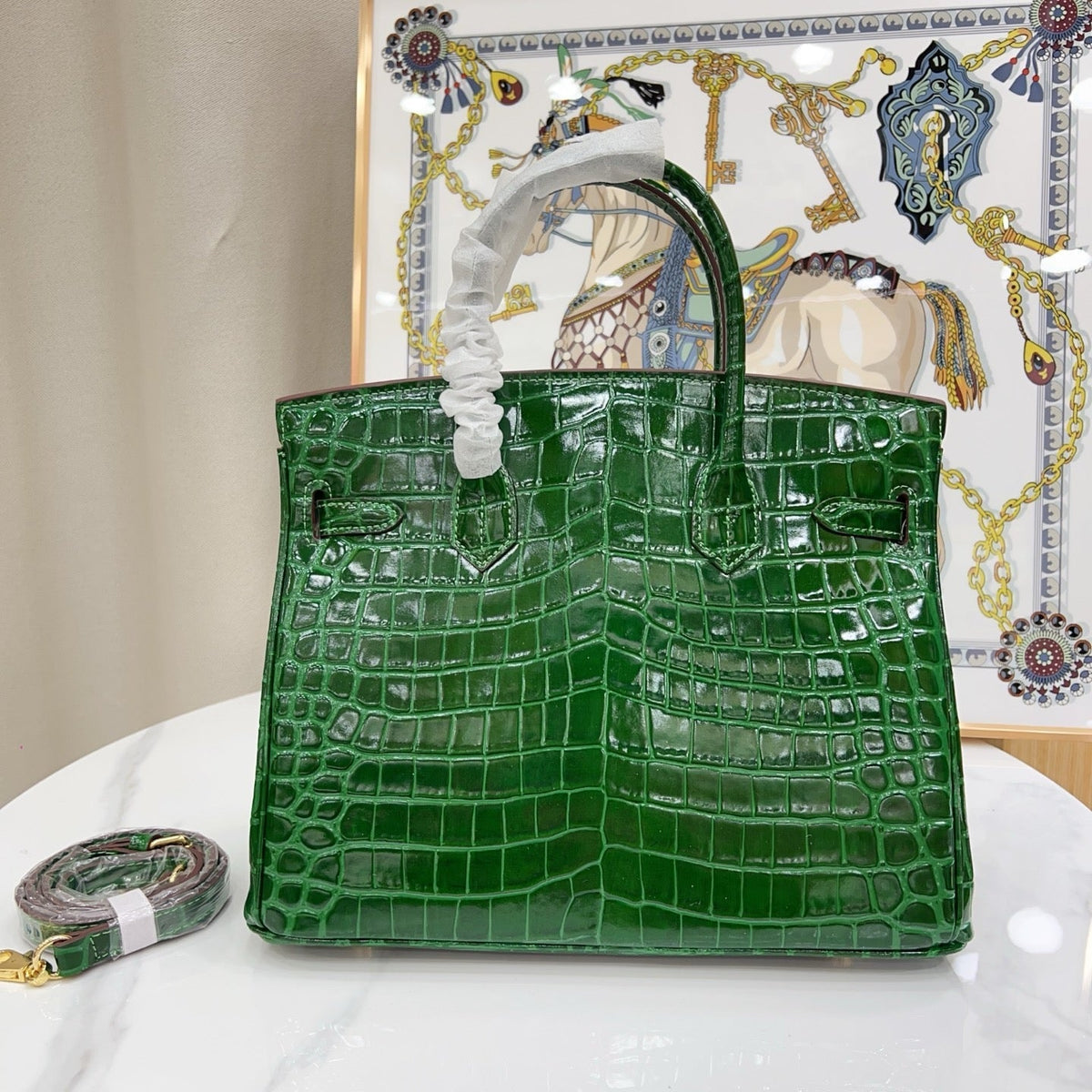 Birkin Style 25/30/35 Retourne in Vert Émeraude Crocodile-Embossed Leather (Gold Hardware)