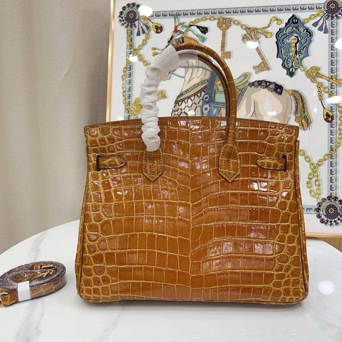 Birkin Style 25/30/35 Retourne in Miel/Gold Crocodile-Embossed Leather (Gold Hardware)