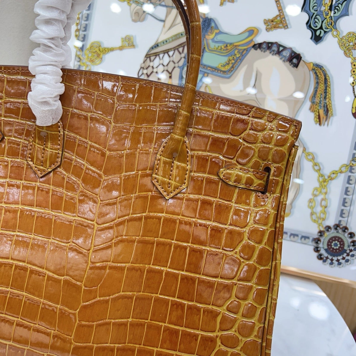 Birkin Style 25/30/35 Retourne in Miel/Gold Crocodile-Embossed Leather (Gold Hardware)