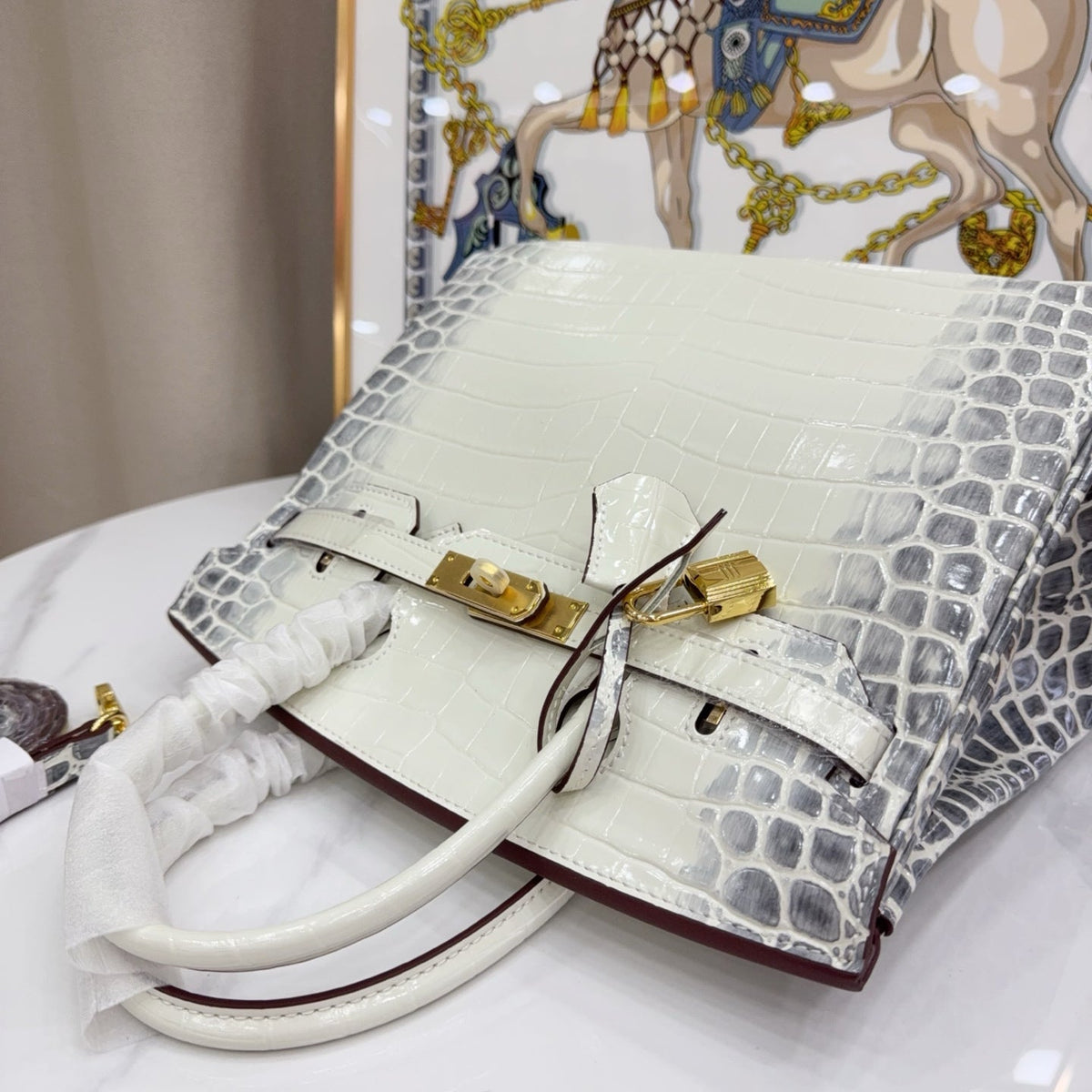 Birkin Style 25/30/35 Retourne in Himalaya Crocodile-Embossed Leather (Gold Hardware)