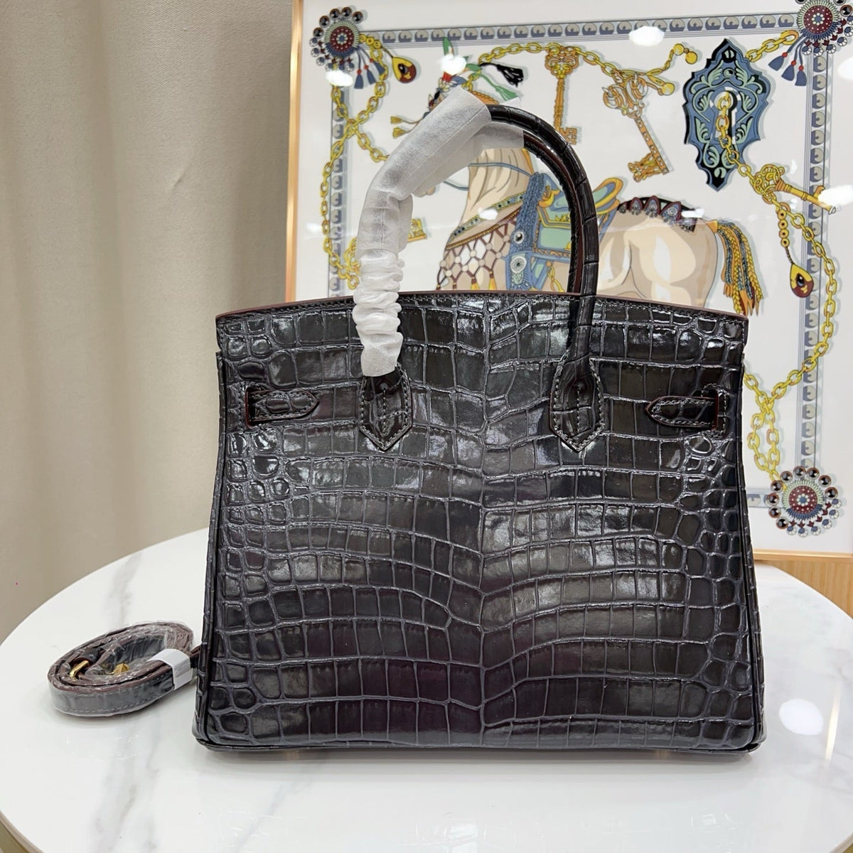 Birkin Style 25/30/35 Retourne in Etoupe Crocodile-Embossed Leather (Gold Hardware)