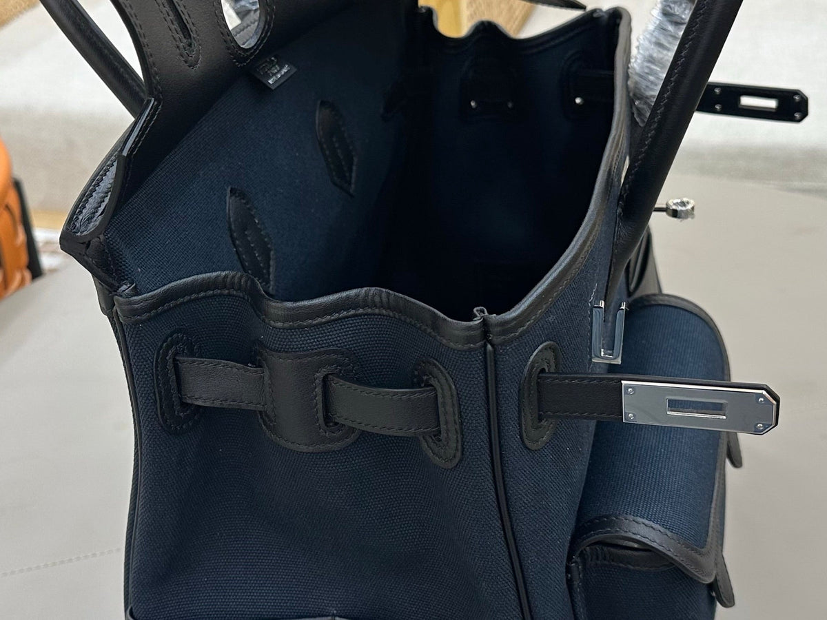 Birkin Cargo 35 in Bleu Nuit Toile Goéland and Noir Swift Leather (Palladium Hardware)