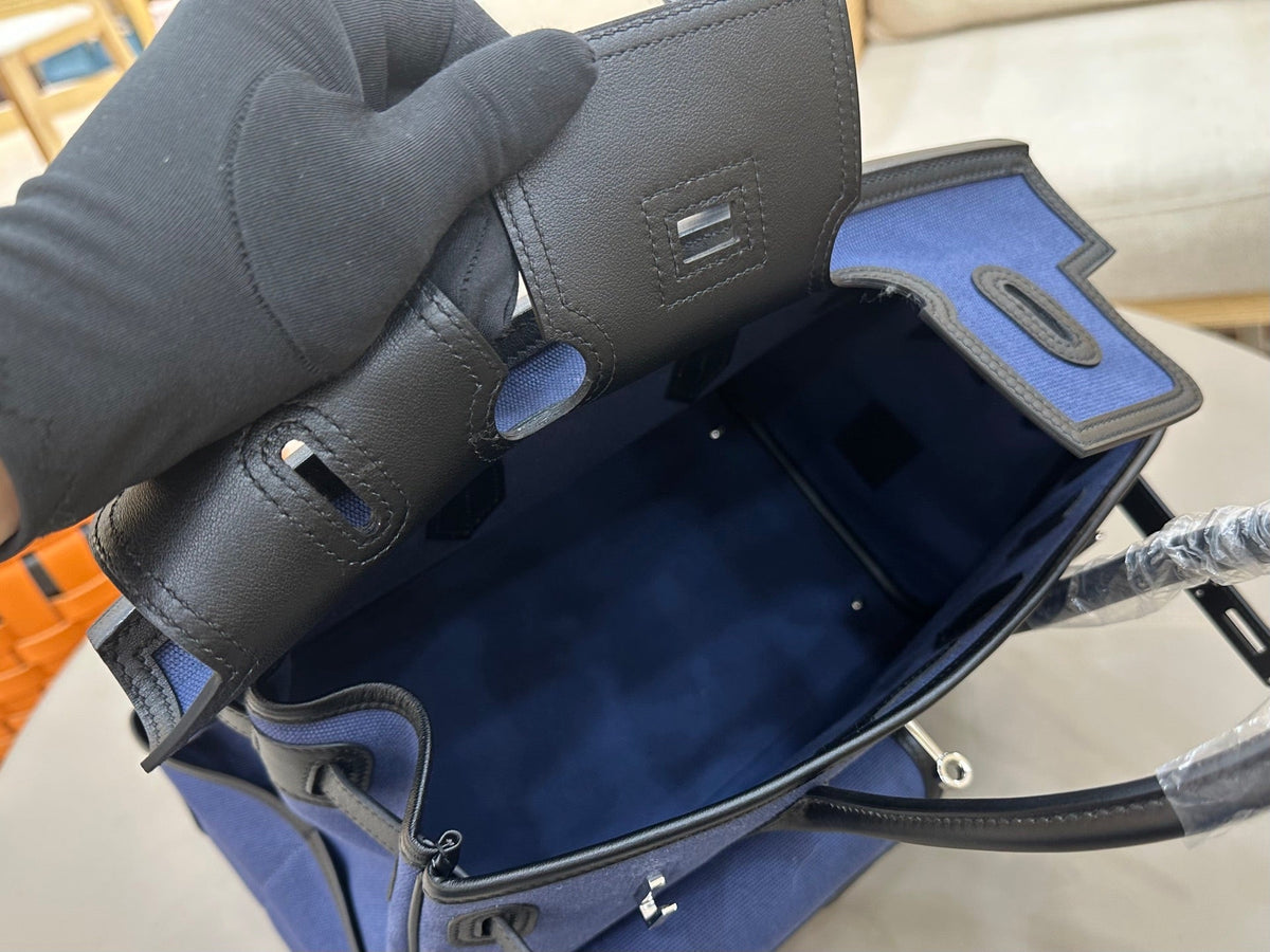 Birkin Cargo 35 in Bleu Encre Toile Goéland and Noir Swift Leather (Palladium Hardware)
