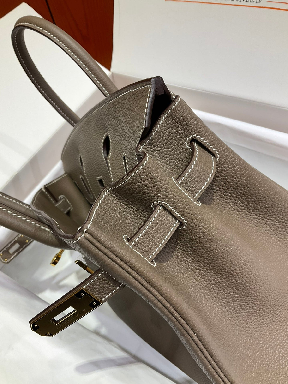 Birkin 30 Retourne in Etoupe Togo Leather with White Stitching (Gold Hardware)