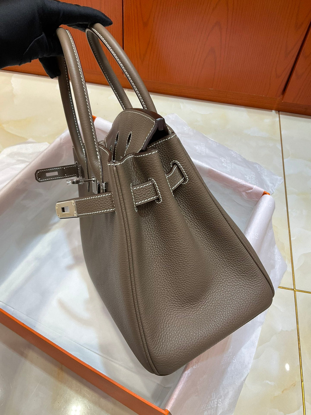 Birkin 30 Retourne in Etoupe Togo Leather with White Stitching (Palladium Hardware)