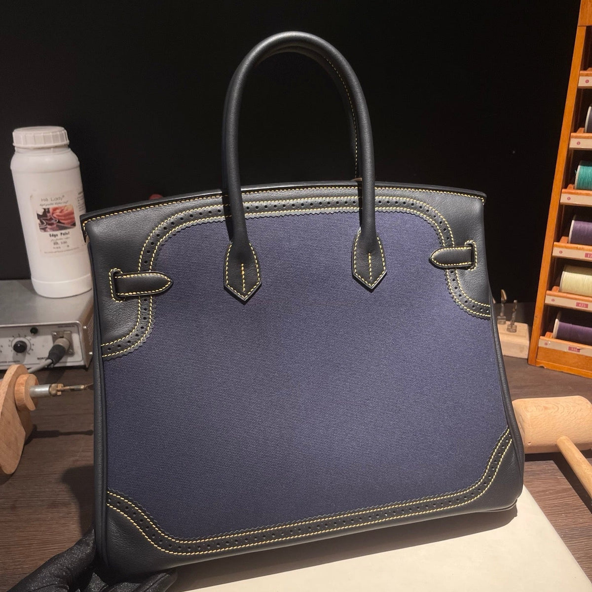 Birkin Ghillies 30 Black Leather and Navy Blue Denim Splicing Bag