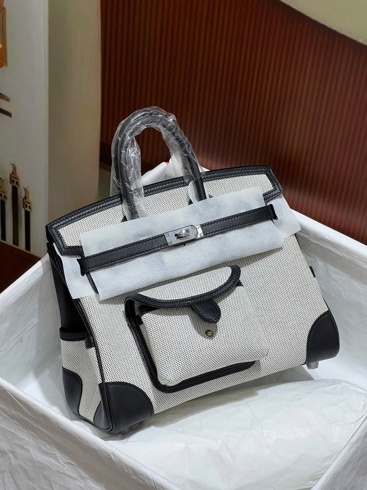 Birkin Cargo 25 Black Leather and Ecru Canvas Multi-Pocket Mini Bag