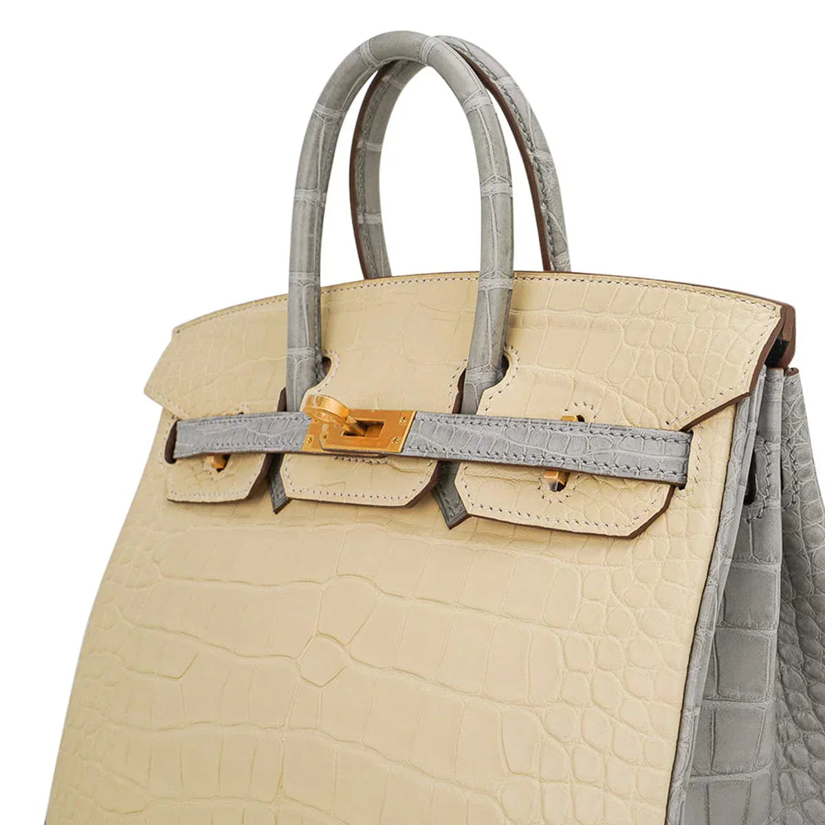 Special Order HSS Birkin 25 Bag in Matte Alligator Vanille and Gris Pearl Alligator with Brushed Gold Hardware
