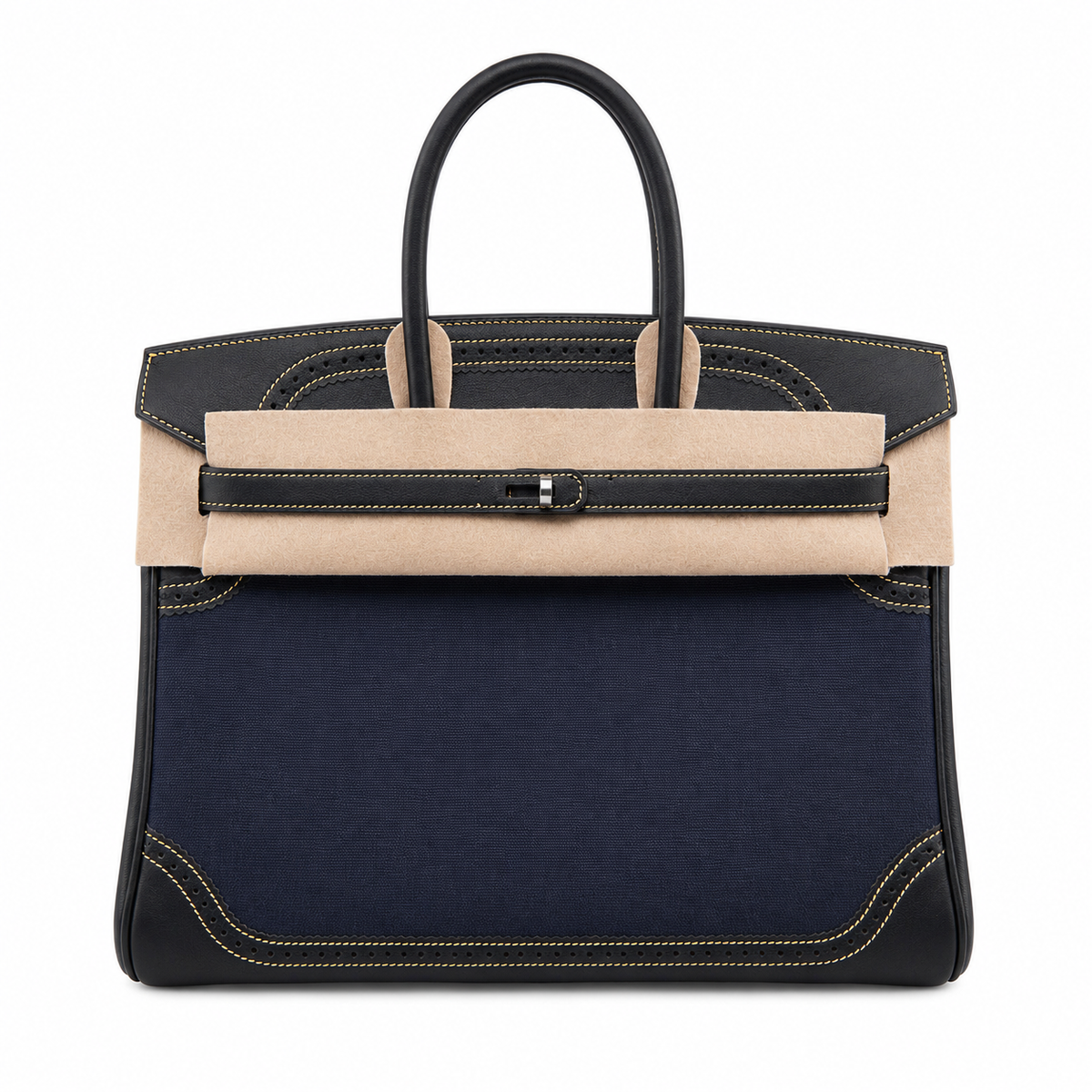 Birkin Ghillies 30 Black Leather and Navy Blue Denim Splicing Bag