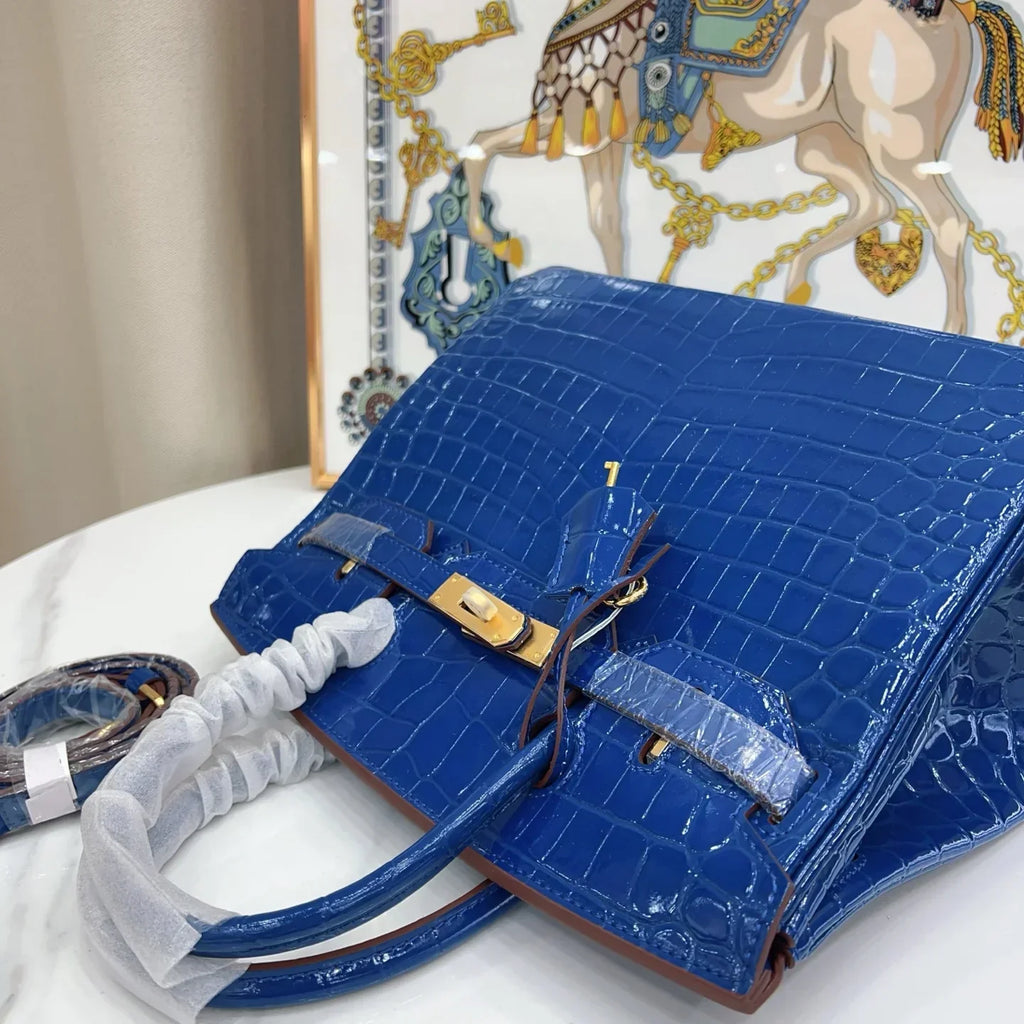 Birkin Blue Croc Embossement Leather Handbags Metal Lock Satchel Bag