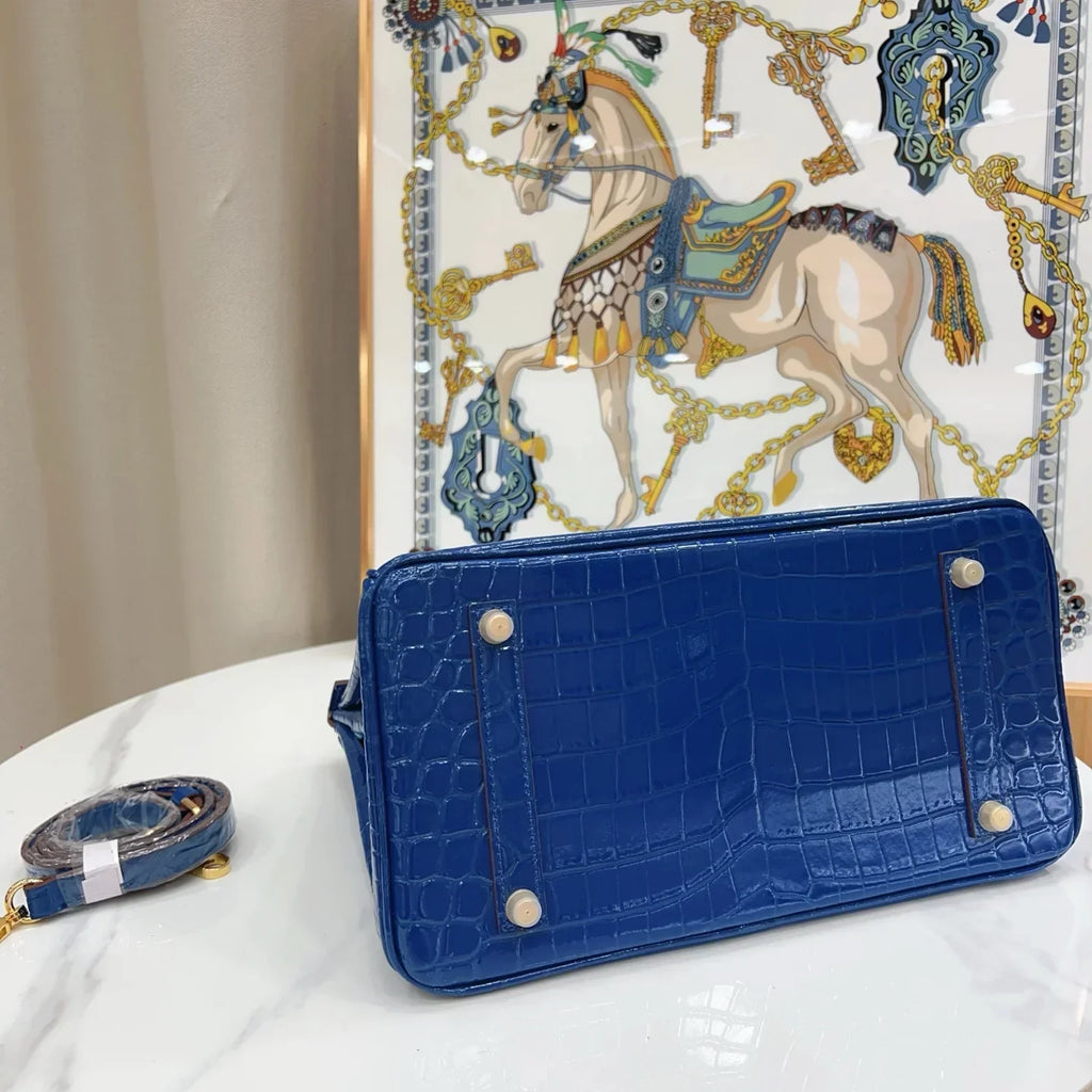 Birkin Blue Croc Embossement Leather Handbags Metal Lock Satchel Bag