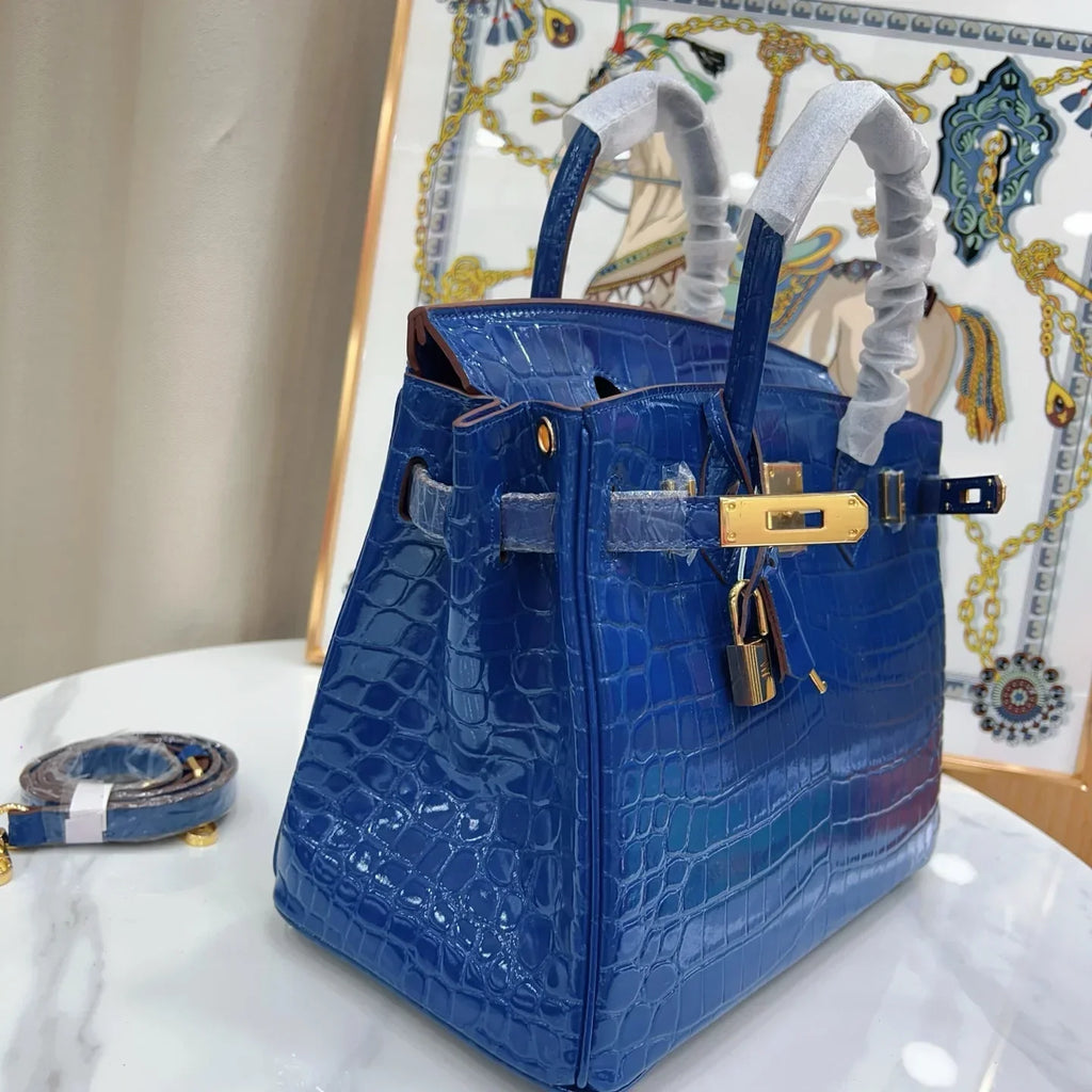 Birkin Blue Croc Embossement Leather Handbags Metal Lock Satchel Bag