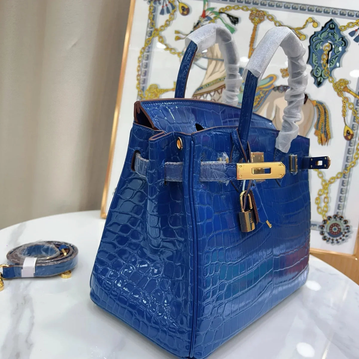 Birkin Blue Croc Embossement Leather Handbags Metal Lock Satchel Bag