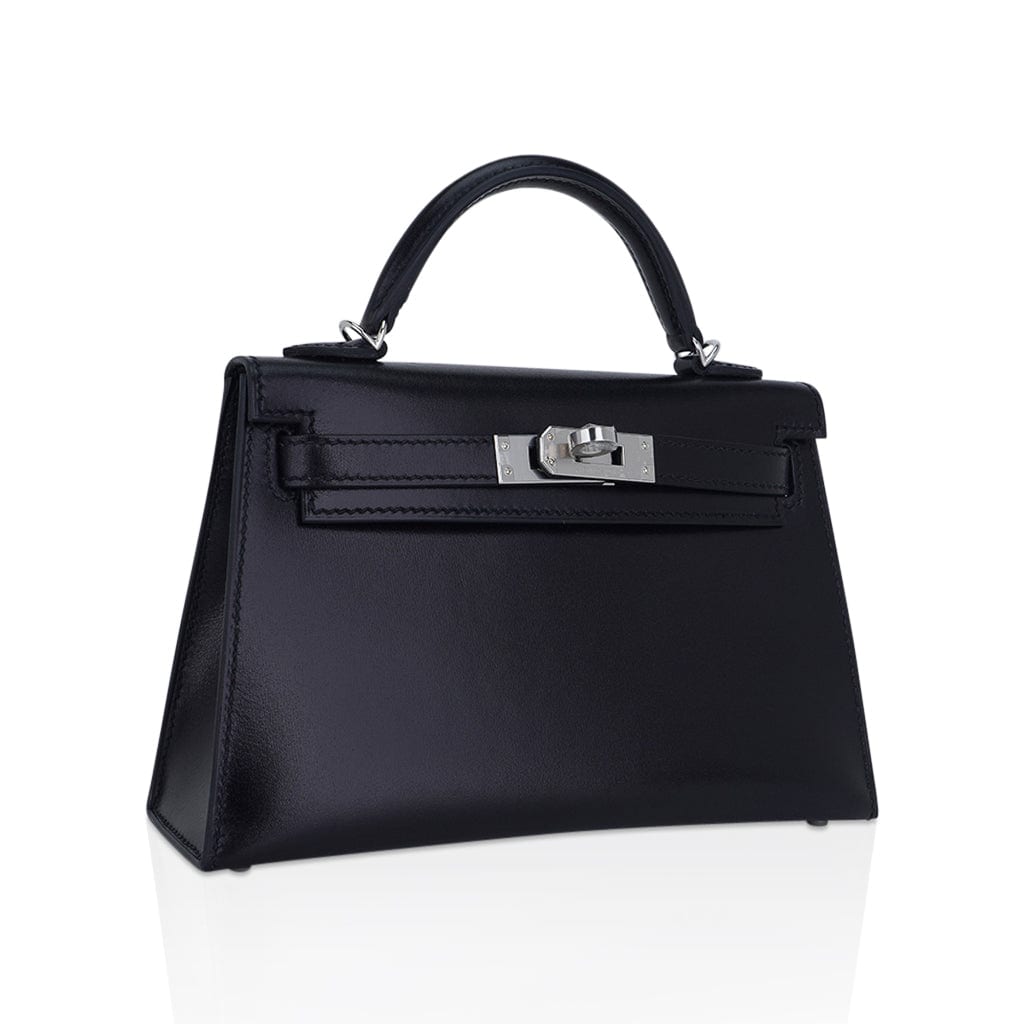 Kelly 20 Sellier Black Box Leather Mini Bag Palladium Hardware