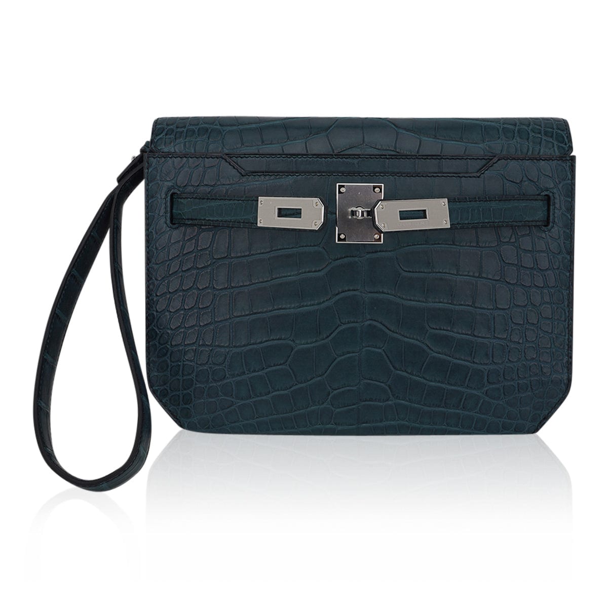 Kelly Depeches 25 Pouch Vert Rousseau Matte Alligator Palladium Hardware