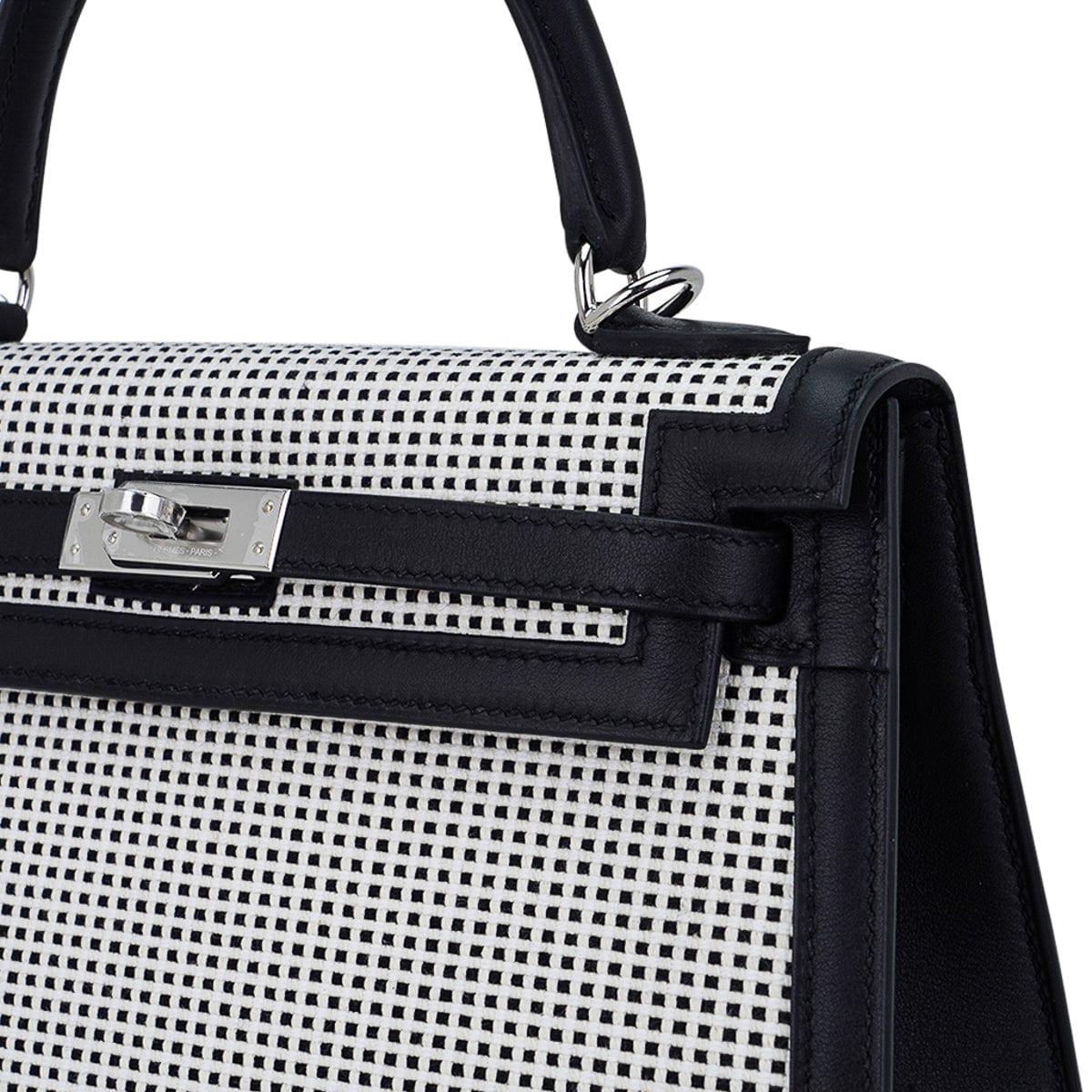 Kelly 25 Sellier Bag Quadrille Black & White Viking Toile Swift Leather with Palladium Hardware